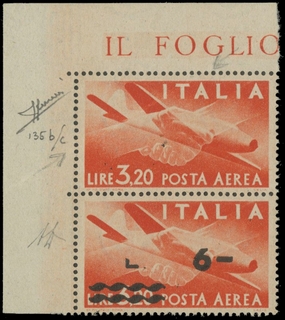 ITALIA 1947 - PA135: 6L su 3,20 arancio coppia verticale AdF