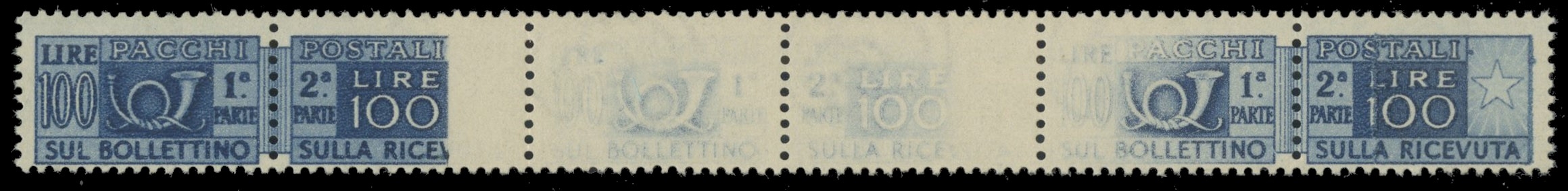 ITALIA 1946 - 77c+77ca: Pacchi Postali,100L azzurro striscia di tre, con stampa incompleta ed evanescente