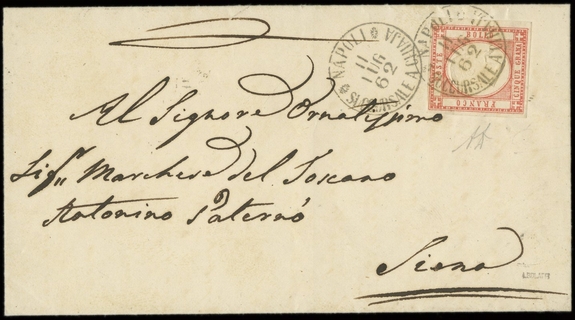 PROVINCE NAPOLETANE 1861 - 21: 5gr rosso carminio su lettera da "NAPOLI  * SUCCURSALE A CHIAIA* 11 LUG 62"