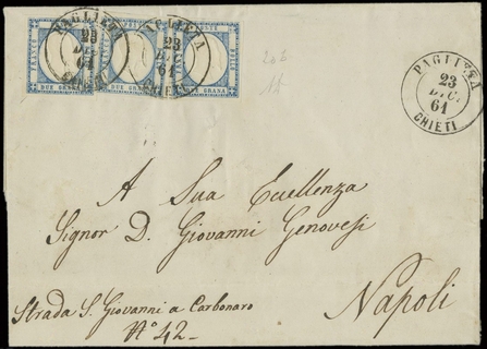 NAPOLETANE 1861 - 20b: 2gr azzurro, tre esemplari su lettera da"PAGLIETA CHIETI 23 DIC 6" per Napoli