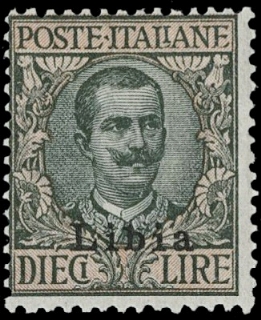 LIBIA 1920 - 12/I: 10L oliva e rosa con soprastampa II tipo