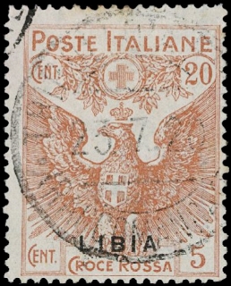 LIBIA 1915/16 - 16ac: Croce Rossa, francobolli d'Italia soprastampati LIBIA, 20c + 5c arancio usato