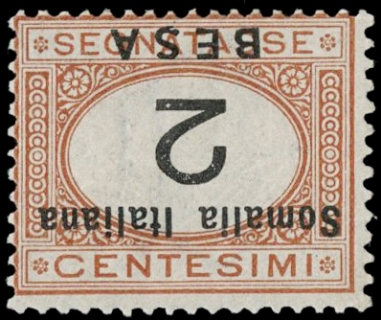 SOMALIA 1923 - T34a: 2b arancio e nero soprastampa capovolta