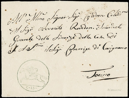 SARDEGNA 1819 - 01: Cavallini, emissione provvisoria, 15c su mezzo foglio