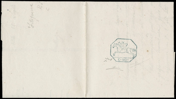 SARDEGNA 1819 - 03: Cavallini, emissione provvisoria, 50c su foglio doppio con filigrana RP
