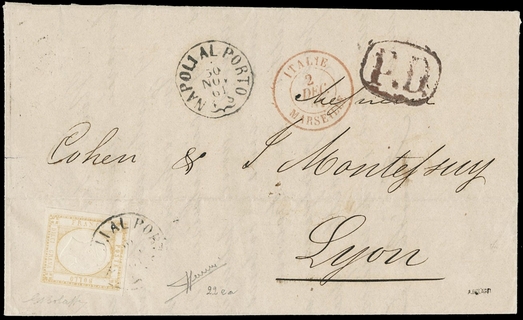 NAPOLI PROVINCE 1861 - 22a: 10gr giallo ocra su lettera per Lione