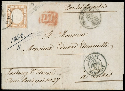 NAPOLI PROVINCE 1861/2 - F8: Falsi per Servire, 10gr arancio su lettera per Parigi