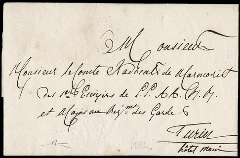 SARDEGNA 1820 - 04: Cavallini, emissione definitiva, 15c su foglio doppio filigranato da Passirano a Torino