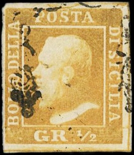 SICILIA 1859 - 01aa: ½ gr giallo arancio chiaro annullato ferro di cavallo