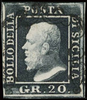SICILIA 1859 - 13a: 20 gr nero ardesia annullato con gran parte di bollo muto a ferro di cavallo