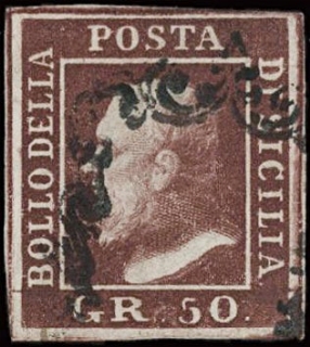 SICILIA 1859 - 14b: 50gr lacca bruno scuro violaceo annullato ferro di cavallo