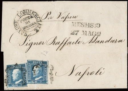 SICILIA ANNULLAMENTI 1859 - 08d+8d: 2gr azzurro due esemplari su lettera per Napoli