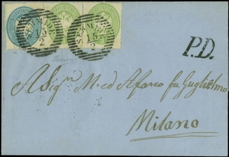 LOMBARDO VENETO 1863 - 37+39: 3s verde coppia e 10s azzurro da "SERMIDE 15/2" 1864 a Milano