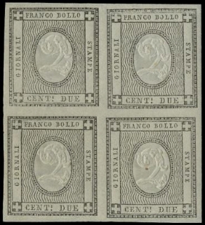 SARDEGNA 1861 - 20: francobolli per le stampe, 2c grigio nero, BL4