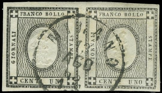 SARDEGNA 1861 - 19+19e: francobolli per stampati, 1c grigio nero e 1c nero intenso, coppia orizzontale