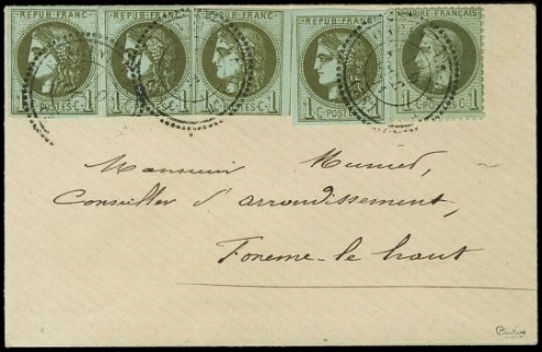 FRANCIA 1863 - 25+39: 1c verde oliva Bordeaux4es. + 1c oliva Napoleone laureato su lettera