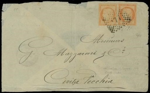 FRANCIA 1870 - 38: 40c arancione "Siege de Paris", 2 esemplari di tinte diverse, annulalti numerale a punti "177" di Civitavecchia in arrivo