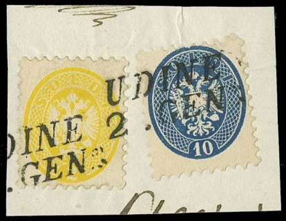 LOMBARDO VENETO 1864/65 - 41+44: 2s giallo e 10s azzurro annullati su frammento